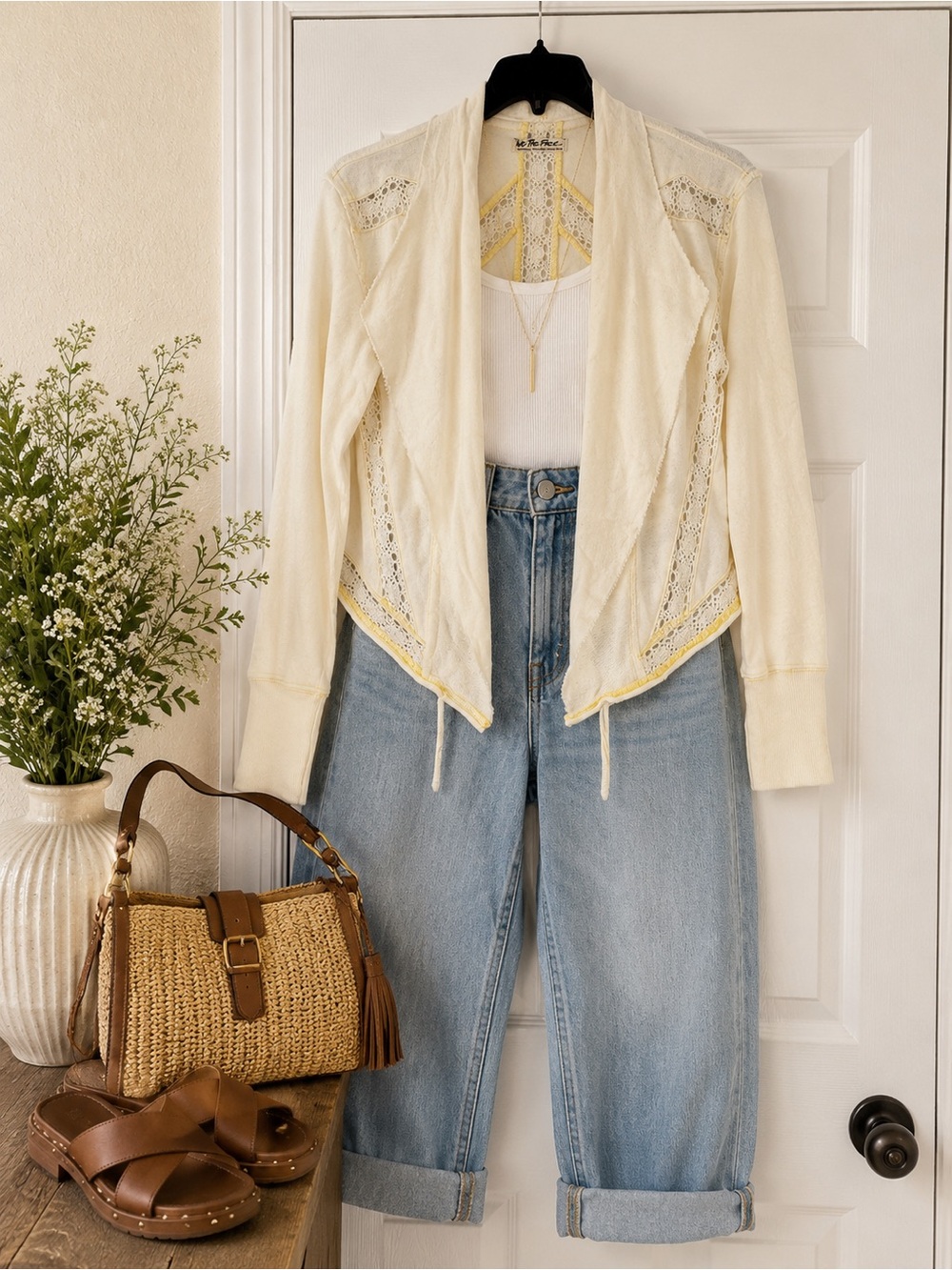 Free People Cream Crochet Tank with Yellow Trim